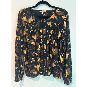 FatFace Womens Floral Button Down Blouse Black Mustard Gold Lace Trim Size US 12